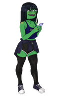 amphibian animal breasts closed_mouth clothes female frog full_body green_skin hair hand holding_object holding_phone lips lipstick long_hair nas nas:pepe pepe pepe_the_frog phone shoe subnas:apu transparent_background // 1200x1875 // 738.4KB
