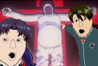 2soyjaks anime arm clothes crucifixion female hair hand kaji_ryouji katsuragi_misato lilith_(evangelion) neon_genesis_evangelion open_mouth pointing sci-fi soyjak stubble variant:two_pointing_soyjaks white_skin // 628x429 // 295.5KB