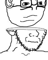 angry bald bisected closed_mouth ear frown glasses irritated looking_to_the_right mutilation stubble subvariant:soyak_(irritated) upside_down variant:soyak white_background // 632x790 // 23.4KB