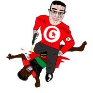 ack armband berber black_skin blood bloodshot_eyes brown_skin chud closed_mouth dead execution facial_mark flag flag:pan-african flag:tunisia full_body glasses gun holding_gun holding_object holding_pistol lipstick looking_at_you makeup murder mustache nazism nigger open_mouth pistol schutzstaffel smile star_and_crescent subvariant:chudjak_front tattoo tranny tunisia variant:bernd variant:chudjak white_skin yellow_teeth // 1000x1000 // 297.7KB