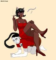 alunya art black_nails black_queen black_skin black_woman cat_ear catgirl chud clothes coomer_artstyle dark_skin dress femdom flushed glasses heels kneel love painting plush red_dress red_eyes red_shirt shorts sitting smoking swastika tshirt variant:chudjak white_skin // 1907x2048 // 179.7KB