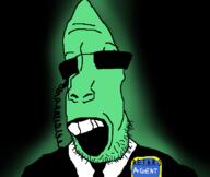 clothes glasses glowing glownigger green_skin open_mouth soyjak stubble suit sunglasses teeth trend:glowie variant:parrotjak // 682x576 // 118.0KB