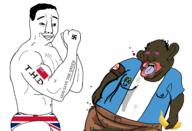 2soyjaks arm banana bloodshot_eyes brown_skin buff bulge bwc closed_mouth clothes communism country crying ear fat flag flag:united_kingdom guatemala hair hammer_and_sickle hand mcdonalds mutt open_mouth smug swastika text tongue united_kingdom variant:chudjak yellow_teeth // 3083x2107 // 1011.7KB