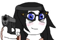 beanie blue_eyes blush clothes eyebags eyelashes eyes_like_the_o-o-cean glasses gun hair looking_at_you smile variant:soytan // 255x175 // 13.0KB