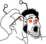 2soyjaks antenna ear glasses hair open_mouth orange_eyes reddit redditard rhett_and_link soyjak stubble variant:rhett_and_link // 695x664 // 15.3KB