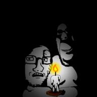 2soyjaks biting_lip candle evil fire glasses light looking_to_the_left melting ominous shadow stubble subvariant:hornyson subvariant:soyak_(concerned) teeth variant:cobson variant:soyak // 1074x1076 // 146.6KB