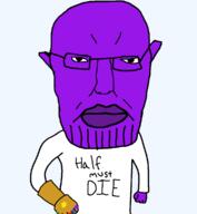 angry arm closed_mouth clothes ear glasses hair infinity_gauntlet marvel millions_must_die purple_skin soyjak subvariant:pol_face text thanos variant:chudjak // 1062x1150 // 32.4KB