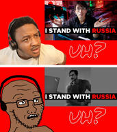 2soyjaks arm black_skin clothes comparison ear gigachad glasses headphones irl_background negro open_mouth pigger reaction red_background russia russo_ukrainian_war scared smile soyjak stubble subvariant:soyak_(concerned) techlead text thinkpad ukraine variant:markiplier_soyjak variant:soyak white_shirt youtube youtuber // 1280x1440 // 307.3KB