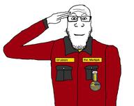 arm badge closed_mouth clothes glasses hand meta personal_army salute smile soyjak soyjak_party stubble text variant:markiplier_soyjak // 1904x1512 // 198.6KB
