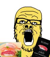 asian food glasses mustache open_mouth soyjak stubble sushi variant:a24_slowburn_soyjak yellow_skin // 720x825 // 213.6KB