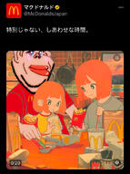 advertisement amerimutt anime blue_eyes blush brown_skin chicken_nuggets closed_mouth cup cute ear english_text family food french_fries fries frying_pan glowing green_eyes japan japanese_text ketchup lips mcdonalds mutt north_asia orange_hair paper_bag screenshot straw stubble subvariant:impish_amerimutt twitter variant:impish_soyak_ears wog wogmutt // 827x1109 // 205.1KB