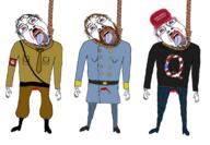 3soyjaks arm blood boot brown_hair clothes confederate donald_trump flag hand hanging hat leg letter maga nazi_germany nazism open_mouth qanon rope stubble tongue uniform united_states variant:bernd // 1774x1230 // 466.4KB