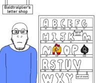 a_(4chan) alphabet b_(4chan) bald blue_shirt c closed_mouth clothes e f flag:spain g_(4chan) glasses h i implied_warrior-z j k letter m n neutral p queen_of_spades r s shop soyjak spade store stubble subvariant:neutralplier t technology text u v_(4chan) variant:markiplier_soyjak w x y ö // 2086x1794 // 103.5KB