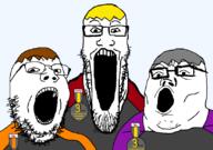 3soyjaks badge beard brown_hair clothes dan glasses grey_hair james nate open_mouth soybooru soyjak soyjak_party soyjak_wiki stubble trend:soyjak_trio variant:gapejak variant:markiplier_soyjak variant:tony_soprano_soyjak yellow_hair // 828x581 // 69.8KB