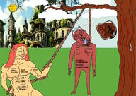 3soyjaks ack aelnar anbennar blue_eyes cloded_mouth crying elf eu4 glasses grass holding_object mustache open_mouth red red_hair red_skin rope smile soyjak stubble subvariant:wholesome_soyjak sun tan_skin teeth text tongue tree variant:chudjak variant:gapejak yellow yellow_skin // 1281x907 // 896.9KB