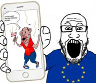 amerimutt arm blue_shirt clothes european_union flag flag:european_union flag:united_states glasses hand holding_flag holding_object holding_phone iphone mcdonalds open_mouth phone red_shirt soyjak star_(symbol) stubble subvariant:phoneplier subvariant:phoneplier_vertical text tshirt variant:markiplier_soyjak // 2160x1884 // 1.5MB