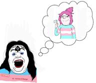 a_(4chan) flag glasses hand open_mouth pink_hair queen_of_spades subvariant:soylita thinking tranny variant:alicia variant:gapejak // 1634x1406 // 149.6KB