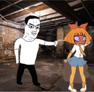 anti_ongezellig asian basement blue_eyes bowtie cartoon chin closed_mouth clothes distorted firearm freckles full_body glasses gun hair holding_gun holding_object holding_pistol imminent_death irl_background monkey mymy_(ongezellig) necktie ongezellig open_mouth orange_hair orange_skin pistol scared shoe shooting skirt smile soyjak tshirt variant:chudjak weapon // 767x749 // 577.8KB