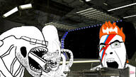 3soyjaks alien alien_(movie) angry david_bowie glasses green_eyes gun h_r_giger hair m60 open_mouth orange_hair sharp_teeth soyjak stubble tattoo variant:cobson variant:feraljak variant:unknown xenomorph // 1191x670 // 217.3KB