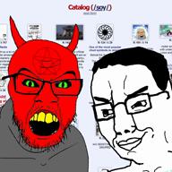 2soyjaks angry black_sclera demon facial_mark forehead_mark glasses green_eyes hair horn mark_of_the_beast music music_parody mustache pentagram pentagram_forehead_mark red_skin satan smile smug soyjak soyjak_party stubble variant:chudjak variant:feraljak yellow_teeth // 1080x1080, 215.4s // 11.7MB