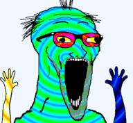 animated arm colorful cross_eyed eyes_popping glasses hair hand hands_up open_mouth psychedelic rainbow soyjak stretched_mouth stubble subvariant:wewjak variant:soyak // 640x590 // 1.3MB