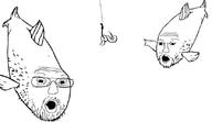 2soyjaks animal arm bait fish full_body glasses hand mustache open_mouth pointing soyjak stubble variant:two_pointing_soyjaks worm // 828x480 // 150.5KB