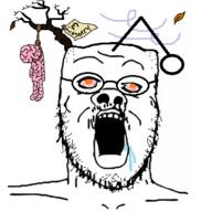 antenna brain brainlet cross_eyed drool glasses hanging leaf open_mouth orange_eyes redditard retard rope soyjak stubble suicide text tree variant:a24_slowburn_soyjak wind // 353x353 // 71.0KB