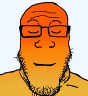 bald closed_eyes closed_mouth earless forehead_lines forehead_wrinkles glasses orange_skin smile soyjak stubble translucent translucent_background transparent transparent_background variant:markiplier_soyjak warm // 600x659 // 207.8KB