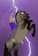 barefoot blond classical_art_parody closed_mouth glasses glowing_eyes holding_object holding_sword horse horseback_riding lightning muscles my_little_pony night no_pupils open_mouth purple_shirt sky storm stubble swearing_is_not_cool_or_attractive sword trend:aryan variant:cobson weapon white_eyes yellow_hair // 4000x5861 // 6.1MB