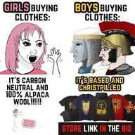 advertisement alpaca blush clothes cross ear eyelashes helmet nas:wojak nas:yes_chad no_glasses nose open_mouth pink_hair pink_shirt roman roman_empire roman_legionary_helmet roman_soldier rug series:its_based_and_christpilled store subnas:daddy's_girl teeth text white_skin youtuber // 554x554 // 61.0KB
