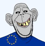 bad_teeth bald big_ears black_sclera blue_shirt clothes ear eternal_anglo european_union flag flag:european_union grey_skin looking_at_you missing_teeth mutt smile soyjak stubble transparent_background variant:britson yellow_teeth // 776x787 // 95.0KB