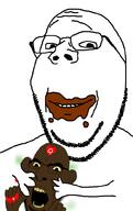 2soyjaks arm black_skin bleached coprophagia ear eating glasses hand holding_object open_mouth poop queen_of_hearts scat smile soyjak stubble subvariant:wholesome_soyjak tattoo variant:cobson variant:gapejak yellow_sclera // 630x998 // 86.9KB