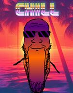 bald balding beach calm chill glasses palm_tree stubble sun sunglasses sunset synthwave vaporwave variant:markiplier_soyjak warm // 785x1000 // 779.9KB