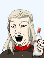 anime blond blue_eyes brown_shirt clara_(girls clothes ear girls_und_panzer happy kuz necktie open_mouth pravda pravda_uniform red_shirt red_star smile smirk soy soyjak soylent star stubble uniform variant:kuzjak vodka white_hair // 810x1075 // 123.9KB