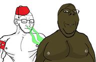 2soyjaks arm black_skin closed_eyes closed_mouth clothes country ear fart flag glasses hat odor smile sniffing soyjak stubble subvariant:wholesome_soyjak turkiye variant:gapejak variant:soyak // 993x647 // 56.5KB
