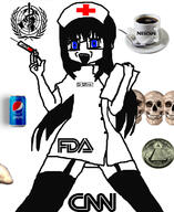 anime blue_eyes clothes cnn doctor fda glasses hair hat holding_object holding_syringe illuminati long_hair meds nescafe nurse open_mouth pepsi skull soyjak subvariant:dr_soylina syringe text variant:soytan world_health_organization // 927x1135 // 415.1KB