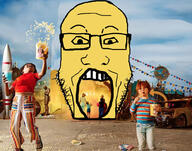 album_cover amusement_park astroworld black_skin children glasses irl_background music open_mouth popcorn rap rapper soyjak stubble travis_scott variant:markiplier_soyjak yellow_skin // 1000x784 // 615.8KB