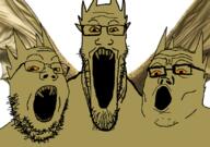 3soyjaks dragon glasses horn king_ghidorah open_mouth orange_sclera soyjak_trio stubble variant:gapejak variant:markiplier_soyjak variant:tony_soprano_soyjak yellow_skin yellow_teeth // 828x581 // 183.2KB