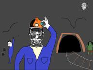 bug cave clothes coal coal_dust diamond dirty flashlight gem goblin hard_hat jumpsuit mine mining pickaxe rail soyjak spider subvariant:chudjak_front subvariant:wholesome_soyjak variant:chudjak variant:gapejak variant:impish_soyak_ears wagie // 1424x1068 // 158.9KB