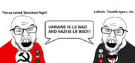 2soyjaks america_first angry antifa black_lives_matter communism glasses mustache open_mouth soyjak speech_bubble stubble text tranny variant:feraljak // 1190x567 // 89.0KB