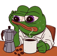 amphibian animal bloodshot_eyes closed_mouth clothes coffee coffee_beans coffee_maker cup drink frog green_skin holding_cup holding_mug holding_object lips moka_pot mug nas nas:pepe pepe pepe_the_frog purple_eyes sitting subnas:apu sweating transparent_background // 1200x1185 // 1.0MB