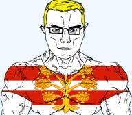 arm blue_eyes british buff closed_mouth clothes ear england eyes_like_the_o-o-cean flag flag:westmorland glasses hair soyjak subvariant:chudjak_front subvariant:muscular_chud trend:aryan tshirt united_kingdom variant:chudjak vein westmorland yellow_hair // 1059x929 // 179.3KB