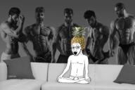 arm couch food foodjak fruit full_body gigachad glasses hand irl irl_background leg pineapple pinejak sitting soyjak underpants variant:soyak // 2000x1334 // 1.9MB