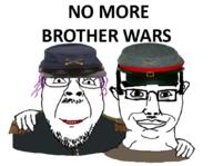 2soyjaks chud chud_troon_alliance civil_war closed_mouth clothes ear friendship glasses hair hand hat military mustache no_more_brother_wars purple_hair smile soyjak stubble subvariant:chudjak_front tranny variant:bernd variant:chudjak // 870x673 // 325.1KB