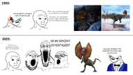 1993 2025 3soyjaks balding beard bowtie brainlet clothes dilophosaurus dinosaur glasses jurassic_park jurassic_world nostalgia open_mouth paleoart paleontology propeller_hat saliva soyjak soyleny suit text trend:soyjak_trio variant:gapejak variant:markiplier_soyjak variant:tony_soprano_soyjak variant:wojak // 2369x1345 // 1.7MB