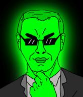 artist:nathaniel_higson central_intelligence_agency closed_mouth clothes collared_shirt ear fist glasses glowing green_skin hair smile steve_jobs subvariant:steve_chuds suit thick_eyebrows thinking trend:glowie variant:chudjak // 1716x2000 // 451.3KB