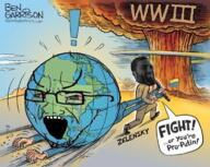 ben_garrison bloodshot_eyes crying earth explosion flag:ukraine gigachad glasses looking_to_the_left mushroom_cloud open_mouth russo_ukrainian_war soyjak speech_bubble stubble variant:soyak volodymyr_zelenskyy world_war_3 // 768x613 // 851.7KB