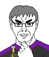 award badge closed_mouth clothes ear fist glasses grey_hair hair james purple_eyes smile soyteen steve_jobs subvariant:steve_chuds thick_eyebrows thinking uniform variant:chudjak // 1716x2000 // 206.9KB