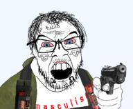 bloodshot_eyes blue_eyes bomb charls_carroll clothes countdown_timer dynamite facial_tattoo firearm forehead_tattoo glasses gun hair hand holding_gun holding_object holding_pistol mde million_dollar_extreme pistol soyjak stubble suicide_bomber tattoo vest // 1700x1400 // 262.7KB