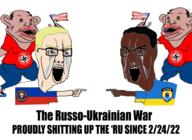 2soyjaks amerimutt arm azov_battalion bloodshot_eyes brown_hair brown_skin clothes crying glasses hair hand open_mouth pointing pol_(4chan) russia russo_ukrainian_war soyjak text ukraine variant:chudjak wagner_group white_skin // 947x691 // 363.7KB